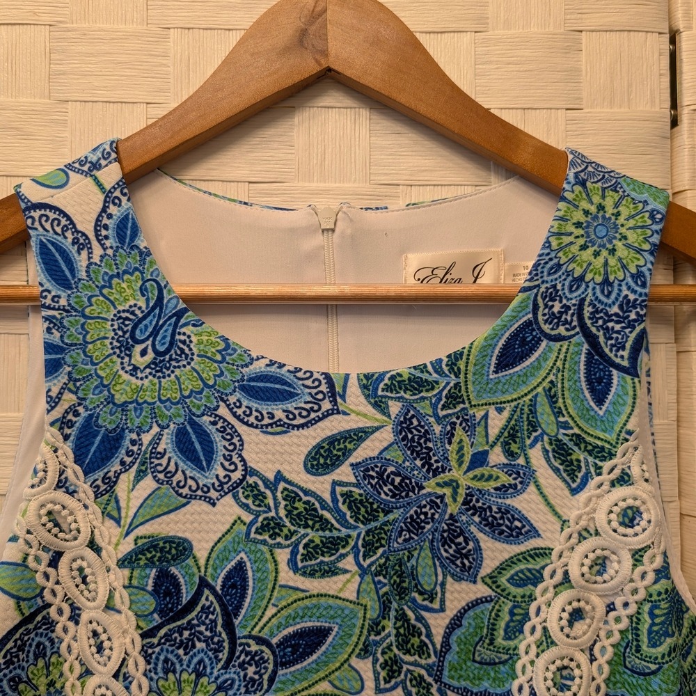 Eliza J Blue Green Floral Paisley Lace Trim Shift‎ Dress EJ4-2954 Size 10 - Picture 4 of 12